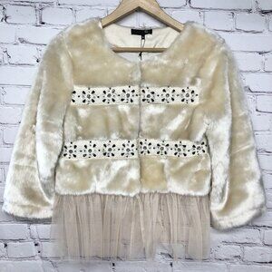 NWT Anthropologie Ryu Fur Lace Hem Embellished Glamour Holiday Boutique Coat S